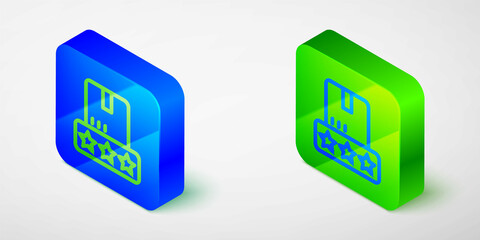 Isometric line Consumer or customer product rating icon isolated on grey background. Blue and green square button. Vector