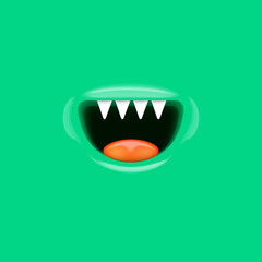 Obraz premium Vector Cartoon vampire mouth with fangs isolated on green background. Funny and cute green Halloween Monster mouth with teeth and tongue