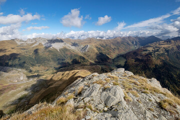 Panoramic view of the Oza Forest and the Guarrinza valley from Chipeta Alto, 2175 meters, Valley of Hecho, western valleys, Pyrenean mountain range, province of Huesca, Aragon, Spain, europe