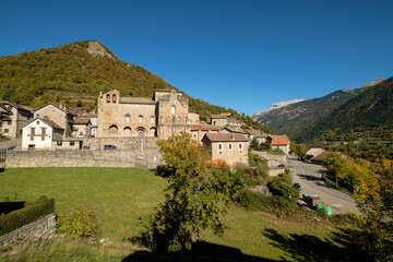 Fototapeta na wymiar Monastery of San Pedro de Siresa, Romanesque, 9th-13th century, Siresa, Valley of Hecho, western valleys, Pyrenean mountain range, province of Huesca, Aragon, Spain, europe