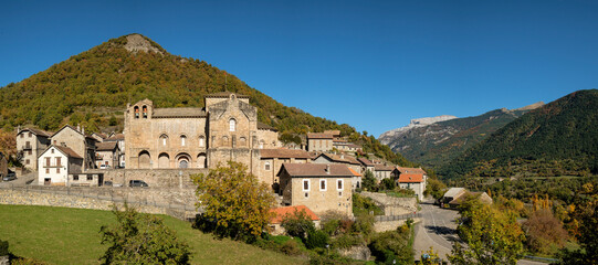 Fototapeta na wymiar Monastery of San Pedro de Siresa, Romanesque, 9th-13th century, Siresa, Valley of Hecho, western valleys, Pyrenean mountain range, province of Huesca, Aragon, Spain, europe