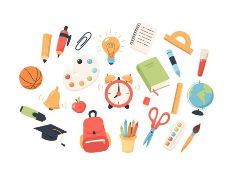 Back to school collection of supplies for children. Cute colorful vector illustration in flat cartoon style