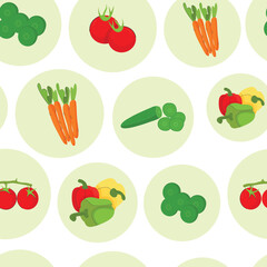 Print design vector illustration of vegetables on white background with circle concept. Seamless pattern with flat style.	