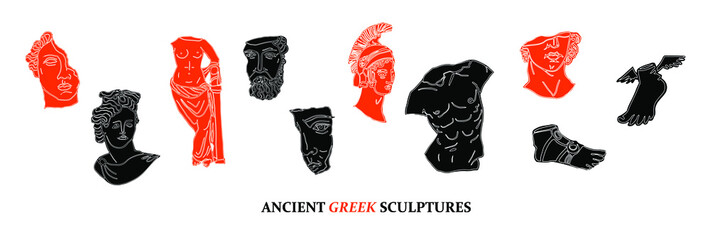 Modern doodle linocut set of ancient Greek sculpture, vector illustrations for art and music event