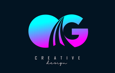 Creative colorful letters OG o g logo with leading lines and road concept design. Letters with geometric design.