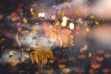 rainy street rain drops on window glass people walk Autumn leaves fall,blurred evening city bokeh light  lifestyle scene weather forecast