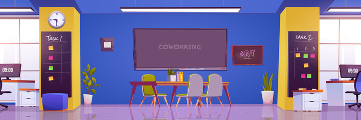 Coworking office, workplace interior with table, chairs, desks with pc, task boards, wide windows. Comfortable place, boardroom for business meetings and cooperation, Cartoon vector illustration