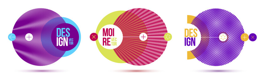 Moire op art vector design elements, graphic style posters and banners and brochures set, abstract modern art with distorted grid.
