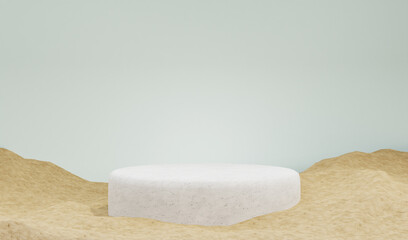 White product display stand or podium pedestal on advertising background with sand texture backdrops. -3D rendering