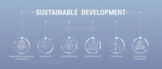 Sustainable Development Goals banner with keywords. Concept for corporate social responsibility project. Goals for a better world. SDG icon. Minimal vector infographic. Vector Illustration.