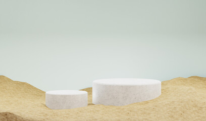 White product background stand or podium pedestal on 2 empty display with sand texture backdrops. -3D rendering