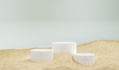 3D white podium with sand texture minimal background. Perfect for showing product and promotion. Fresh colour tone. Fits on summer theme. -3D rendering