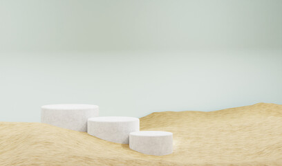 White product background stand or podium pedestal on 3 empty display with sand texture backdrops. -3D rendering