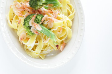 Japanese food ingredient, 'Sakura Ebi' shrimp and broccoli fettuccine pasta