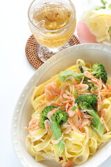 Japanese food ingredient, 'Sakura Ebi' shrimp and broccoli fettuccine pasta