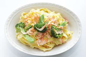 Japanese food ingredient, 'Sakura Ebi' shrimp and broccoli fettuccine pasta