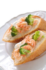 Japanese 'Sakura Ebi' boiled shrimp and broccoli with cream cheese on French bread 
