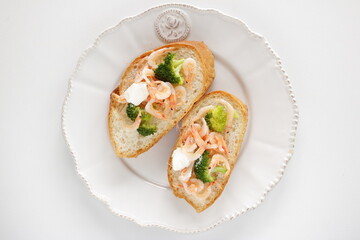 Japanese 'Sakura Ebi' boiled shrimp and broccoli with cream cheese on French bread 