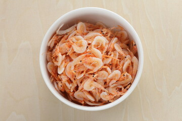 Japanese food, boiled small shrimp in white bowl