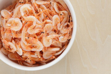 Japanese food, boiled small shrimp in white bowl