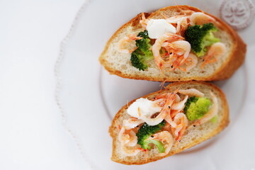 Japanese 'Sakura Ebi' boiled shrimp and broccoli with cream cheese on French bread 