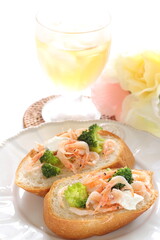 Japanese 'Sakura Ebi' boiled shrimp and broccoli with cream cheese on French bread 