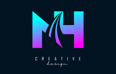 Creative colorful letters NH n h logo with leading lines and road concept design. Letters with geometric design.
