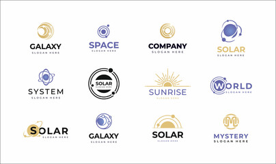 Set of Space and solar emblems, icons, Logos Galaxy signs with Orbitz planets and radial rays of sunburst for logo IT, ecology, concept design from space exploration, astrology. Vector illustration