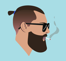 Silhouette. Face. Guy with glasses. Male head in glasses with top knot hair on blue background. Flat illustration of face. Head icon. Silhouette of a bearded man. Guy avatar. Smoking guy.