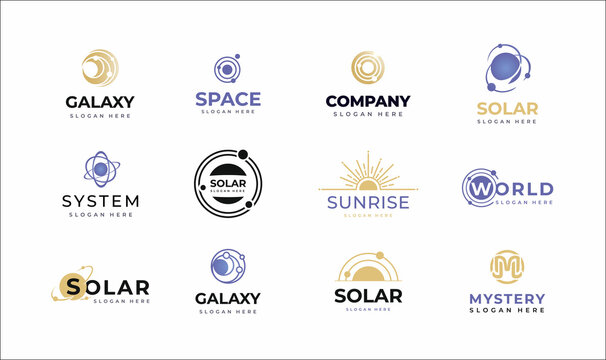 Set of Space and solar emblems, icons, Logos Galaxy signs with Orbitz planets and radial rays of sunburst for logo IT, ecology, concept design from space exploration, astrology. Vector illustration