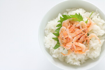 Japanese food, boiled shrimps and herbal Shiso on rice 