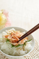 Japanese food, boiled shrimps and herbal Shiso on rice 