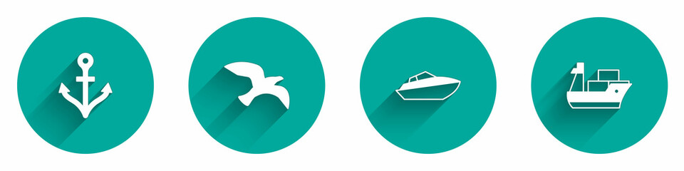 Obraz premium Set Anchor, Bird seagull, Speedboat and Cargo ship icon with long shadow. Vector