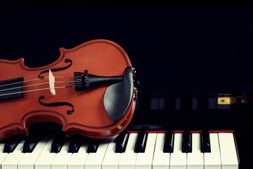 violin placed on a piano on a black background