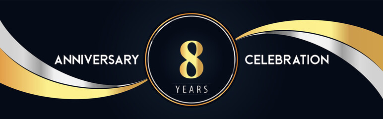 8 years anniversary celebration logo design with gold and silver creative shape on black pearl background. Premium design for poster, banner, weddings, birthday party, celebration event.