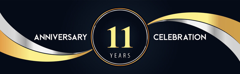 11 years anniversary celebration logo design with gold and silver creative shape on black pearl background. Premium design for poster, banner, weddings, birthday party, celebration event.