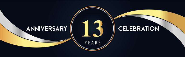 13 years anniversary celebration logo design with gold and silver creative shape on black pearl background. Premium design for poster, banner, weddings, birthday party, celebration event.