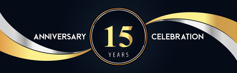 Fototapeta premium 15 years anniversary celebration logo design with gold and silver creative shape on black pearl background. Premium design for poster, banner, weddings, birthday party, celebration event.