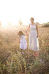 A cute little girl with long blond curly hair and her mother in a white summer dress and a straw boater hat in a field in the countryside in summer at sunset. Nature and Ecolife