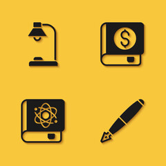 Set Table lamp, Fountain pen nib, Book about physics and Financial book icon with long shadow. Vector