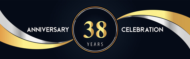 38 years anniversary celebration logo design with gold and silver creative shape on black pearl background. Premium design for poster, banner, weddings, birthday party, celebration event.