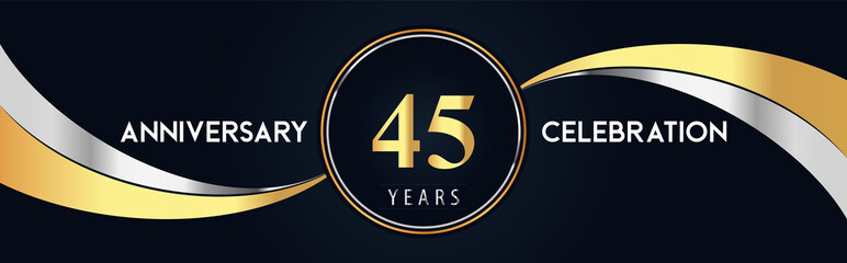 45 years anniversary celebration logo design with gold and silver creative shape on black pearl background. Premium design for poster, banner, weddings, birthday party, celebration event.