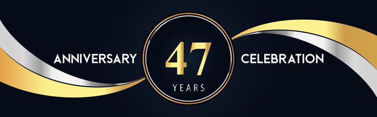 47 years anniversary celebration logo design with gold and silver creative shape on black pearl background. Premium design for poster, banner, weddings, birthday party, celebration event.
