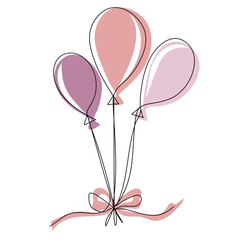 Balloons for birthday and party. Flying balloons with rope. One line art vector illustration.