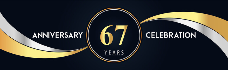 67 years anniversary celebration logo design with gold and silver creative shape on black pearl background. Premium design for poster, banner, weddings, birthday party, celebration event.