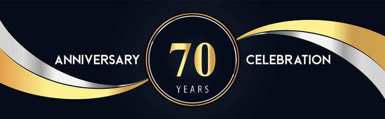 70 years anniversary celebration logo design with gold and silver creative shape on black pearl background. Premium design for poster, banner, weddings, birthday party, celebration event.