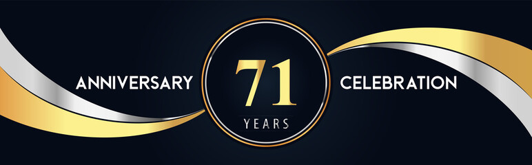 71 years anniversary celebration logo design with gold and silver creative shape on black pearl background. Premium design for poster, banner, weddings, birthday party, celebration event.