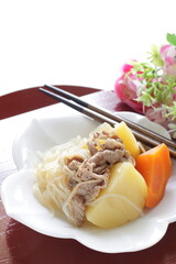 Homemade, Japanese braised beef and carrot with potato and Konjac noodles