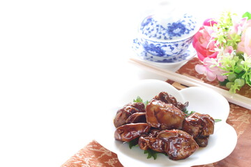 Chinese food, braised chicken livers and Chinese tea