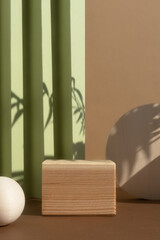 Geometric wooden podium on an abstract green and beige background with a shadow of palm leaves. A scene with a geometric background. Backdrop for the product presentation.